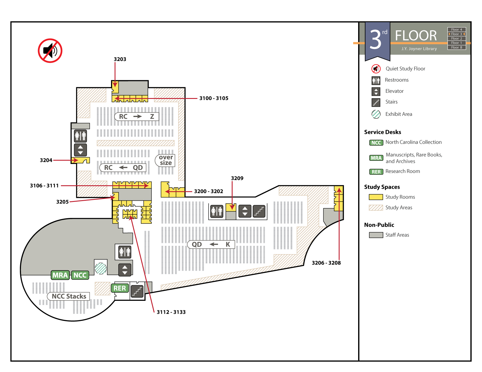 Map of 3rd floor; Special Collections is in the "drum" (the round room in the southwest corner)